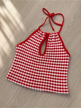 Red & White Crochet Knit Halter Top – Zara (NWT, Size Small)